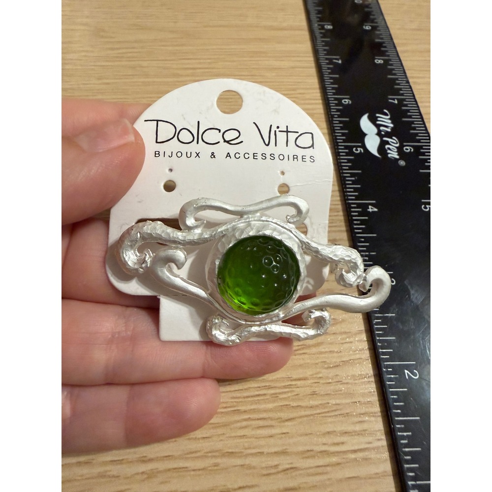 Dolce Vita Silver Tone Green Glass Cabochon Artisan Statement Brooch Pin‎